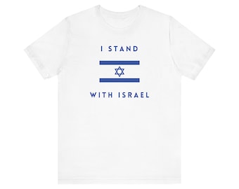 May include: White t-shirt with blue text that reads "I Stand With Israel" and a blue Star of David graphic.