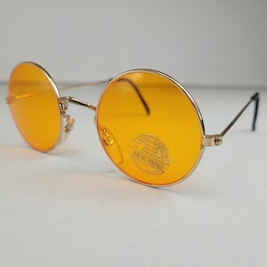True Vintage John Lennon Style Sunglasses Round Yellow Orange Gold Teashades 1980's Adult Small 120mm Temple Unisex mens ladies womens