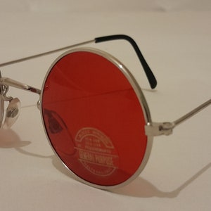 True Vintage John Lennon Style Sunglasses Round Red silver Teashades 1980&#39;s Adult Small 120mm Temple Unisex mens ladies womens