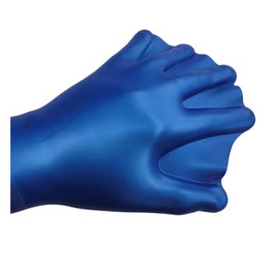 May include: A blue swim glove with webbed fingers, designed to increase propulsion in the water. The glove is made of a flexible, smooth material and is shown against a white background. The glove is a vibrant shade of blue.