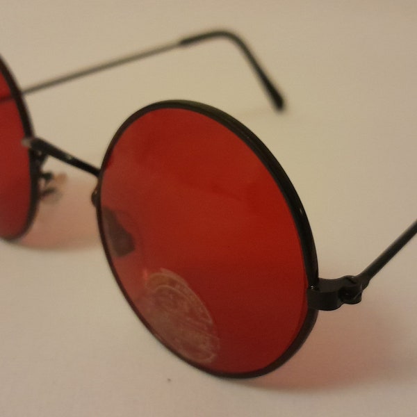 Véritable vintage John Lennon Style lunettes de soleil rond rouge noir Teashades des années 1980 adulte petit 120 mm Temple unisexe hommes dames femmes