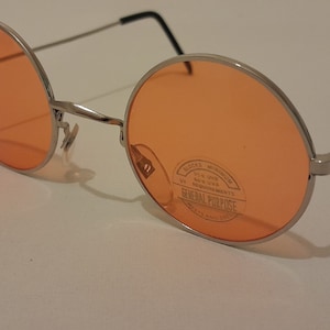 True Vintage John Lennon Style Sunglasses Round Yellow Orange silver Teashades 1980&#39;s Adult Small 120mm Temple Unisex mens ladies womens