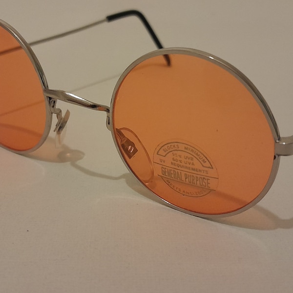 True Vintage John Lennon Style Sunglasses Round Yellow Orange silver Teashades 1980's Adult Small 120mm Temple Unisex mens ladies womens