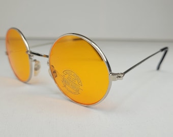 True Vintage John Lennon Style Sunglasses Round Yellow Orange silver Teashades 1980's Adult Small 120mm Temple Unisex mens ladies womens