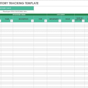 Könnte beinhalten: Eine grüne und weiße Tabellenvorlage zur Inventarisierung. Die Tabelle enthält Spalten für Artikeldetails, Standort, Kaufdaten, Menge und Wert sowie allgemeine Informationen.