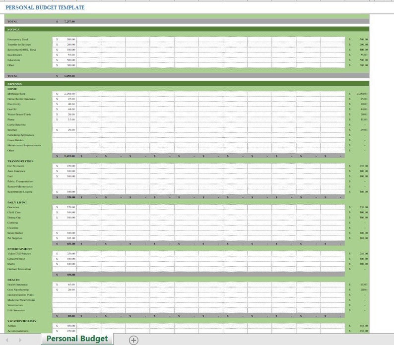 Personal Budget Excel Template for Spending Tracking Excel Sheet for