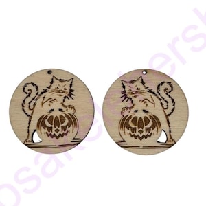 Cat with spook pumpkin Halloween wood earrings dangle blanks set-handmade wood cutouts-unfinished wood earrings-wood jewelry making..