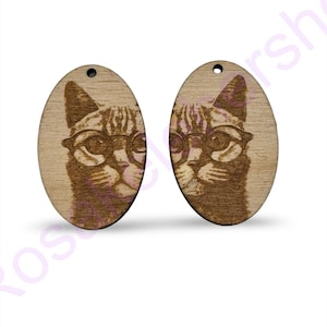 Cute Kitty-Cat with glasses wood earring dangles blanks set-Unfinished wood earrings-Blank cutouts- handmade-wood blanks jewelry making.