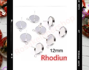 Earring Post studs settings Bezels cabochon tacks with Horizontal loopTray Fits 12mm Insert-Rhodium Tone-DIY Jewelry-Crafts