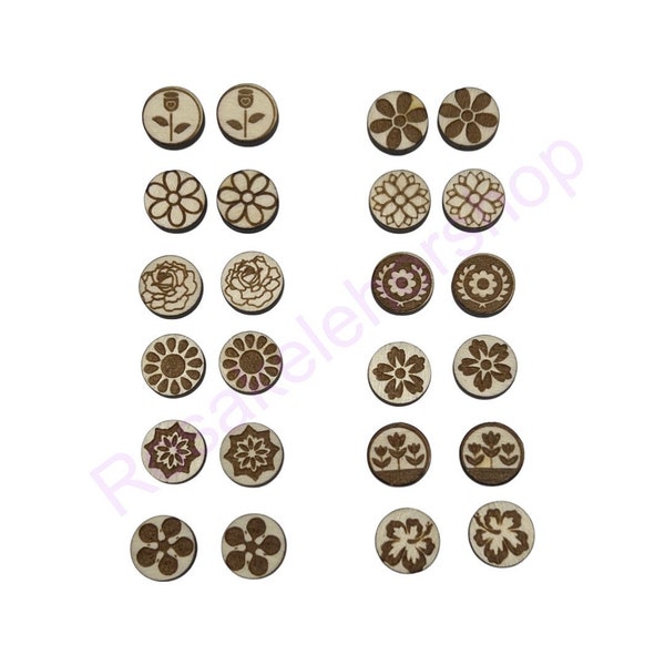 Spring Flowers round wood studs blanks-Wood Stud Earring Makings-Unfinished wood earrings-jewelry blanks-handmade wood cabochons