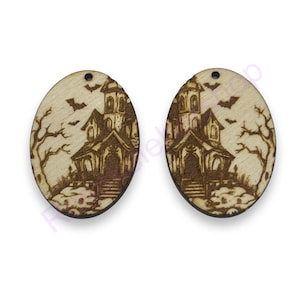 Creep Haunted house wood dangles blanks earrings, wood cutouts, handmade wood earrings-unfinished earrings-wood Halloween blanks.