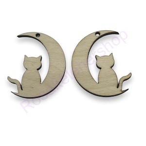 Cat sitting on the moon wood dangles blanks-wood cutouts earrings-handmade wood earrings-unfinished earrings-wood Halloween blank-handcrafts