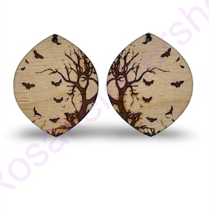 Haunted Tree with flying bats wood dangles blanks earrings set-wood cutouts-handmade wood earrings-unfinished earrings-Halloween blanks.