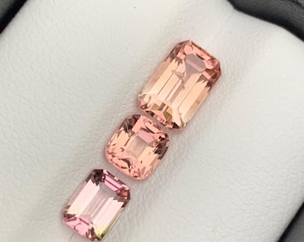 Può includere: Tre pietre preziose rettangolari di colore rosa e arancio, disposte in fila dal più grande al più piccolo. Le pietre preziose sono posizionate in una scatola bianca.