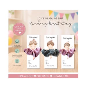 以下が含まれることがあります： 子供の誕生日の招待状3枚。それぞれピンクのチュチュを着たバレリーナが描かれています。カードには「Du bist eingeladen!」の文字と詳細を記入するスペースがあります。画像にはドイツ語のテキストとDIYの指示が含まれています。