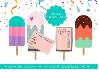 Invitation to a children's birthday party, invitation with ice cream, invitation to an ice cream party, birthday card, download, birthday invitation, invitation cards