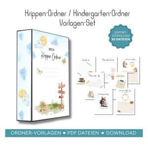 Könnte beinhalten: Ein Ordner mit einem Aquarelldesign mit Sonne, Wolken und Schmetterlingen. Der Ordner trägt den Text "Mein Krippen Ordner" und "Krippen-Ordner / Kindergarten-Ordner Vorlagen-Set". Das Bild enthält auch ein türkisfarbenes Abzeichen mit der Aufschrift "SOFORT-DOWNLOAD 30 DATEIEN".