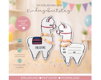 Einladung Lama mit Zuckerperlen, Druckvorlage Einladung  Kindergeburtstag, Einladung zur Party, Lama Einladung, Lama Geburtstagseinladung,