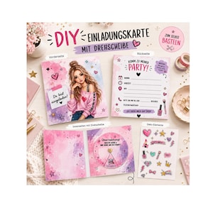 May include: A DIY invitation card kit with a rotating element. The kit includes cards with illustrations, text, and decorative elements like stars, hearts, and stickers. The text on the cards includes "Du bist eingeladen!" and "Komm zu meiner Party!"