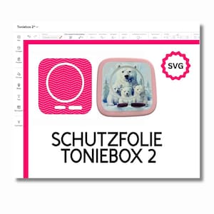 Peut inclure: Une protection rose pour Toniebox 2, avec une illustration d'une famille d'ours polaires blancs. Le design comprend un carré rose avec un cercle blanc et le texte "SCHUTZFOLIE TONIEBOX 2". Un logo SVG rose est également présent.