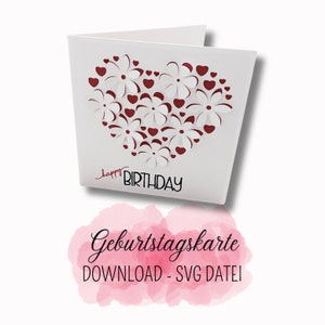Cartão pop-out SVG, cartão de aniversário com flores e corações para fora, cartão de aniversário, download,
