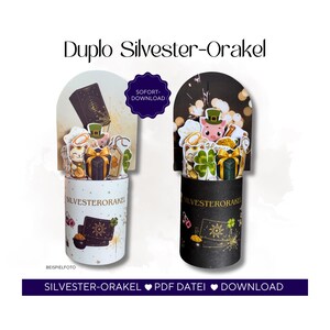 May include: Two cylindrical containers with pop-up designs, one white and one black, featuring the text "Silvester-Orakel." The white container has a cat, gift, and clover design. The black container has a pig, clover, and gift design. The text "SOFORT-DOWNLOAD" is also visible.