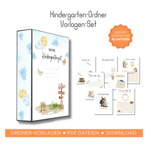 Può includere: Un raccoglitore bianco con il testo "Kindergarten-Ordner Vorlagen-Set" e "Meine Kindergartenzeit". Il raccoglitore presenta illustrazioni di nuvole, soli, farfalle e creature del bosco. L'immagine mostra anche diverse pagine con illustrazioni e testo.