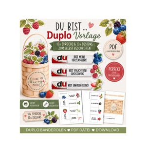 Könnte beinhalten: Eine digitale PDF-Druckvorlage für Duplo-Banderolen mit Beeren-Illustrationen und deutschem Text. Enthält zehn Designs mit Sprüchen wie 'Du bist meine Herzensbeere' sowie eine Korb-Grafik für die Geschenkverpackung.