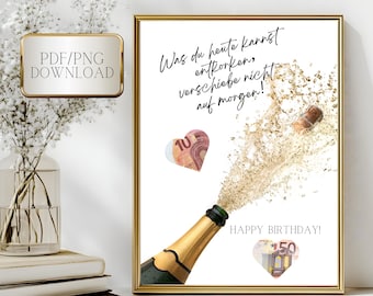 Printable file for a money gift in a picture frame, money gift for a birthday, printable PDF, gift idea for packaging money, wish fulfiller PDF