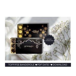 Pode incluir: Duas caixas pretas com desenhos florais e lanternas douradas, e as palavras "Eid Mubarak". Uma caixa contém doces amarelos, a outra castanhos. A imagem inclui o texto "SOFORT-DOWNLOAD" e "TOFFIFEE BANDEROL PDF DATEI DOWNLOAD."