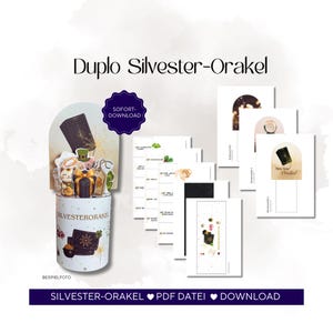 May include: A digital download product featuring a New Year's oracle theme. The image shows a cylindrical container with illustrations, cards, and the text "Duplo Silvester-Orakel". Additional text includes "SOFORT-DOWNLOAD" and "New Year Orakel".