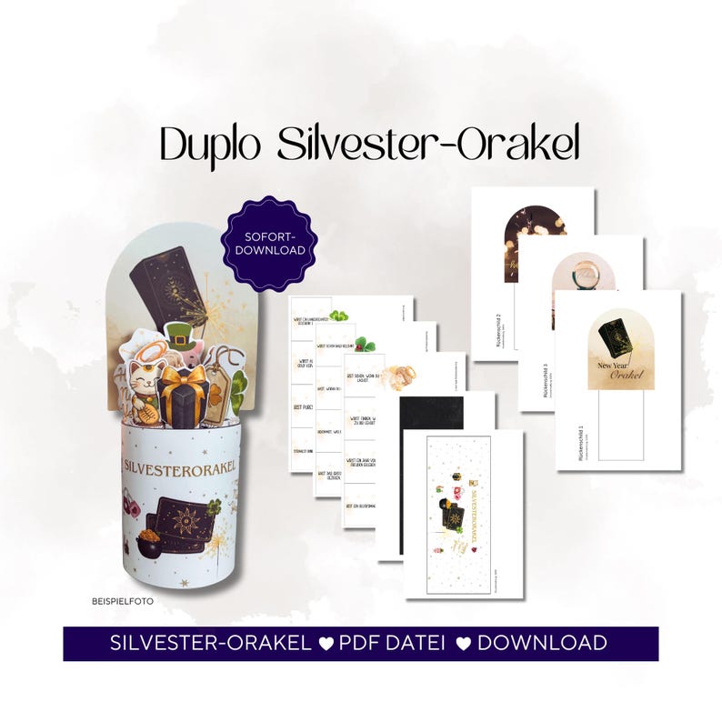 May include: A digital download product featuring a New Year's oracle theme. The image shows a cylindrical container with illustrations, cards, and the text "Duplo Silvester-Orakel". Additional text includes "SOFORT-DOWNLOAD" and "New Year Orakel".