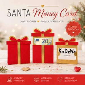 以下が含まれることがあります： 「SANTA Money Card」の文字が入った赤と金のギフトボックス型マネーカード。 金色のリボンと縦縞模様が特徴です。 中央のギフトボックスには20ユーロ紙幣が表示されています。「SOFORT-DOWNLOAD」です。