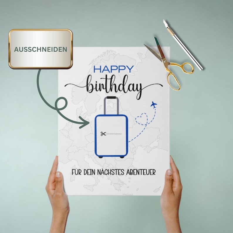 May include: A white card with a blue suitcase and a world map in the background. The card says "Happy birthday" and "For your next adventure".