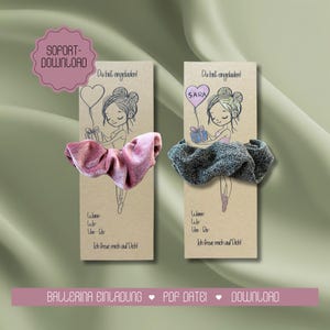 Geburtstagseinladung, Ballerina, Scrunchie, Druckvorlage Einladung, Kindergeburtstag, Einladung zur Geburtstagsparty, Mitbringsel, Mitgebsel