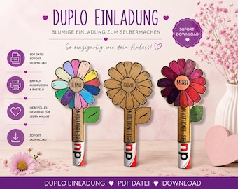 Invitación de flores Duplo en PDF | Envoltorios para invitaciones de cumpleaños Duplo | Envoltorios para invitaciones de cumpleaños Duplo | Invitación para fiesta de cumpleaños infantil | Archivo PDF Duplo