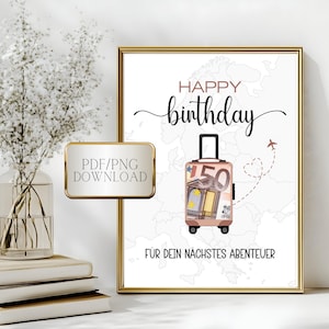 Pode incluir: Um cartão de aniversário imprimível com fundo branco e um mapa da Europa. O cartão apresenta uma mala cheia de dinheiro e o texto "Feliz aniversário" e "Para sua próxima aventura".
