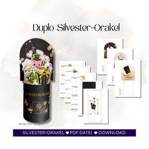 May include: A black cylinder with gold accents and the text "SILVESTERORAKEL" contains a pop-up display with a pig wearing a hat, a cat, and a four-leaf clover. Several white cards with text and illustrations are displayed.