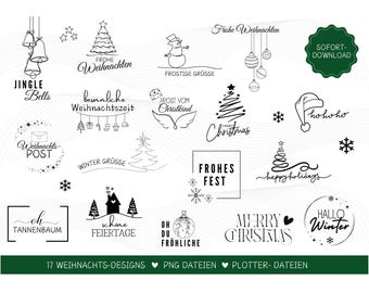 Puede incluir: Un conjunto de 17 ilustraciones de temática navideña en blanco y negro. Las ilustraciones incluyen un muñeco de nieve, un árbol de Navidad, una campana, una media, un regalo, una casa, un copo de nieve y más. El texto "17 WEIHNACHTS-DESIGNS PNG DATEIEN PLOTTER-DATEIEN" está en la parte inferior de la imagen.