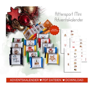 Puede incluir: Imagen de calendarios de Adviento Ritter Sport Mini. Cada mini barra de chocolate está envuelta en papel de aluminio de colores y adornada con ilustraciones navideñas. La imagen también incluye archivos PDF imprimibles con diseños adicionales.