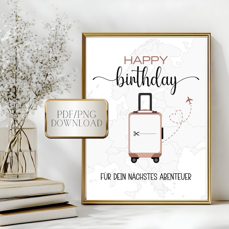 May include: Printable Happy Birthday card with a pink suitcase and a map background. The text says "Happy birthday" and "For your next adventure".