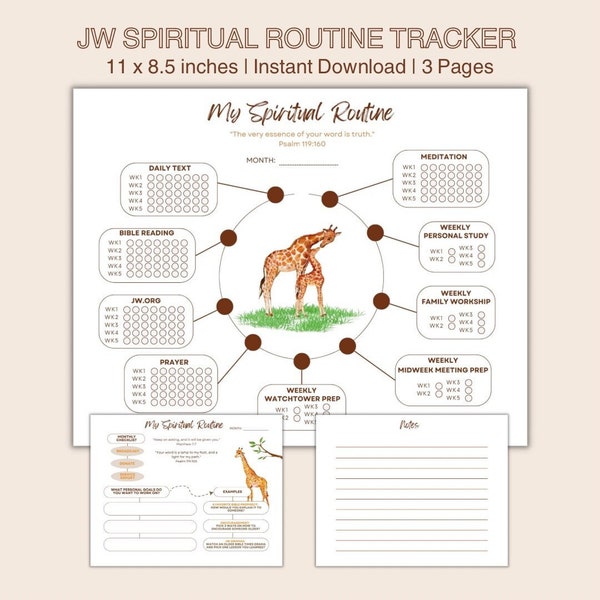 JW Spiritual Routine Activity Tracker, JW Spiritual Checklist, JW Spiritual Routine Planner, Family Worship, Pioneer Gift, Giraffe Printable
