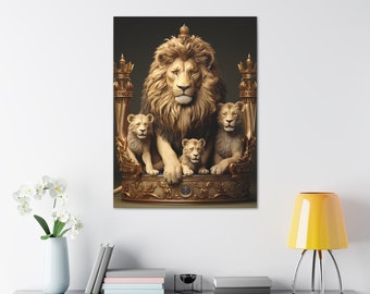 Black Canvas, Lioness, Lion Cub Art, Jungle Wall Art, Lion Canvas Painting, Home Decor, Cubs in Crown, Majestic Wildlife Painting