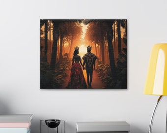 Canvas Wall Art, Wedding Wall Art, Black King and Queen, Paradise Painting, Royal Love Painting, Sunset View Wall Art