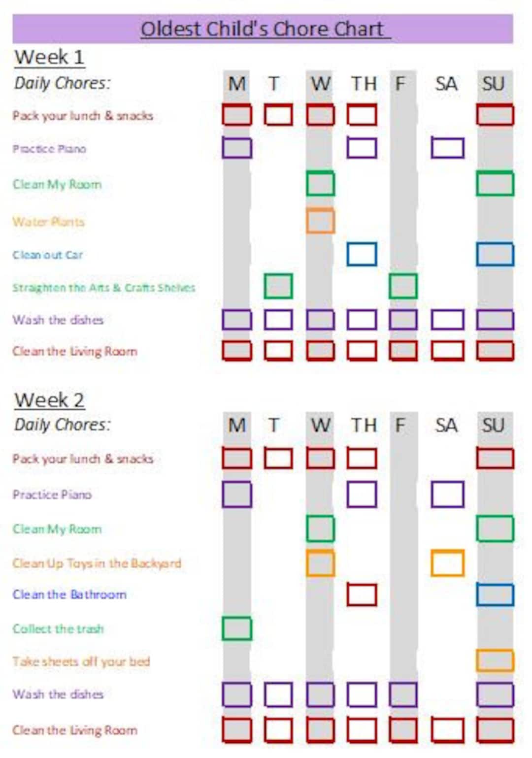 Kids Chore Chart Editable Excel Etsy