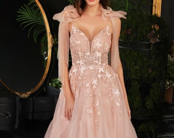 Juliet A-Line Tulle Gown | Floral Detail | Butterfly Detail | Open Back | Bridesmaid Prom Gala Formal Gown | Chiffon Gown | Deep V Neckline