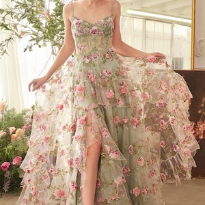 Eleni Lace Tulle Ruffle Gown | Floral Detail | Structured Bodice | Leg Slit | Bridesmaid Prom Gala Formal Organza Flowy Rose | Princess Gown