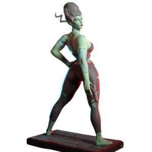 May include: A figurine of a green-skinned character with a tall grey hairstyle, wearing a dark top and leggings with visible stitches on the skin. The character holds a silver handgun in one hand and stands on a rectangular base with a brick pattern.