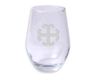 French Cross Engraved Stemless Wine Glass, 11.5oz