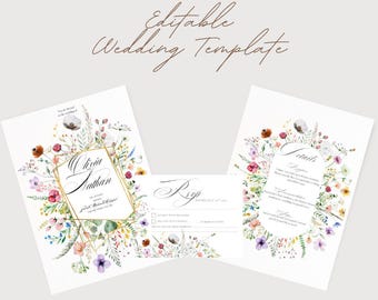 Fall Wildflower Wedding Invitation Suite | Rustic Autumn Floral Canva Template | Printable Invite, RSVP & Details Card, Custom Wedding